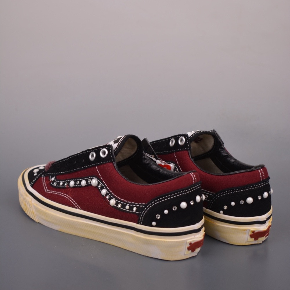 Vans Burgundy Black Checkerboard Studded Low-Top Sneakers - Picture 2 of 9